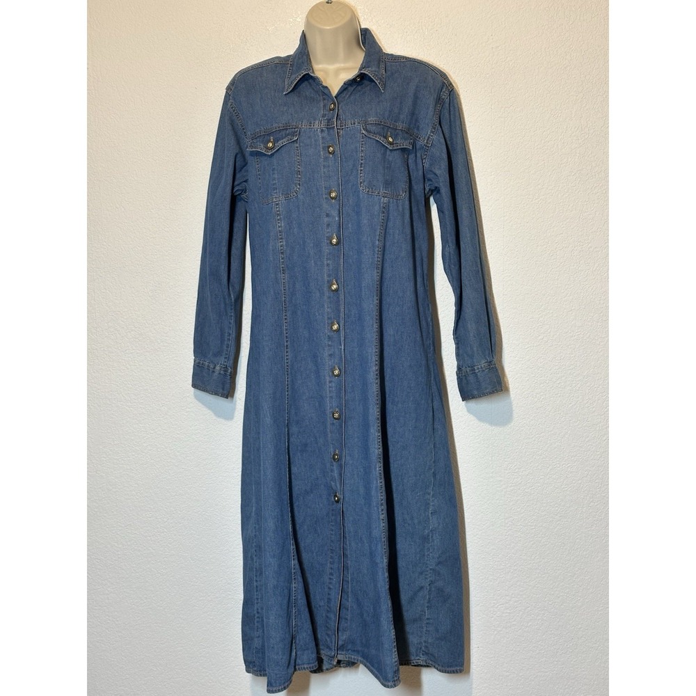 Vtg 90s Denim Maxi Dress California Dreams Nepal Button Down Princess Seams Boho